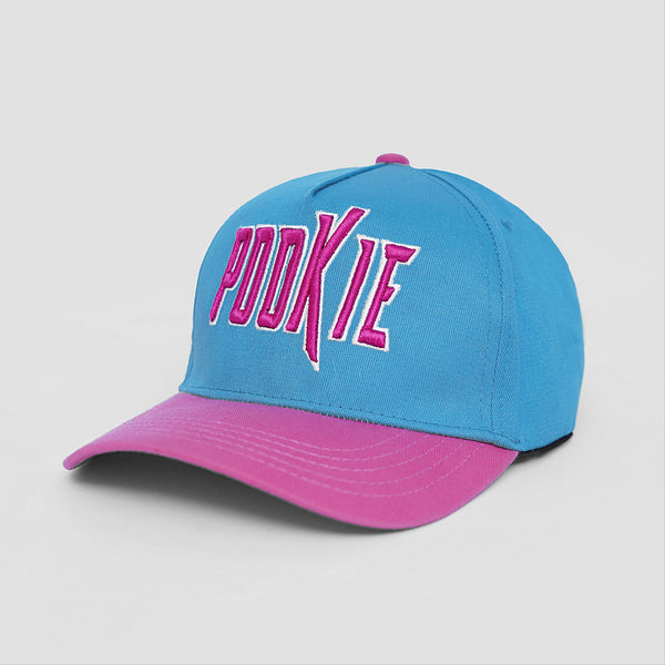 Blue and pink cap with 'POOKIE' text on a light gray background