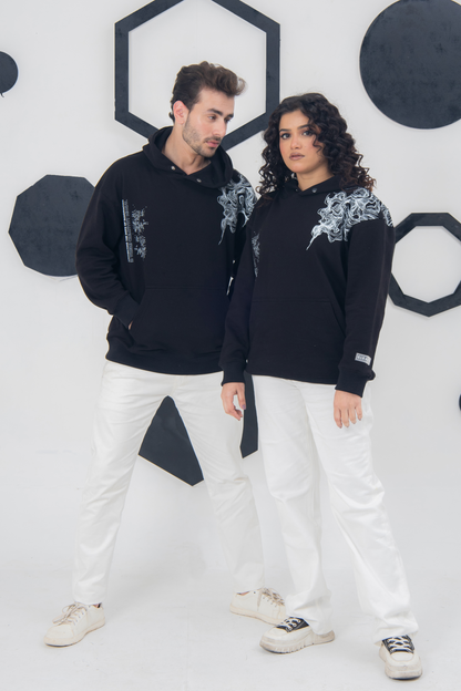 Smoky design black hoodie, 320 GSM fleece, front pouch pocket