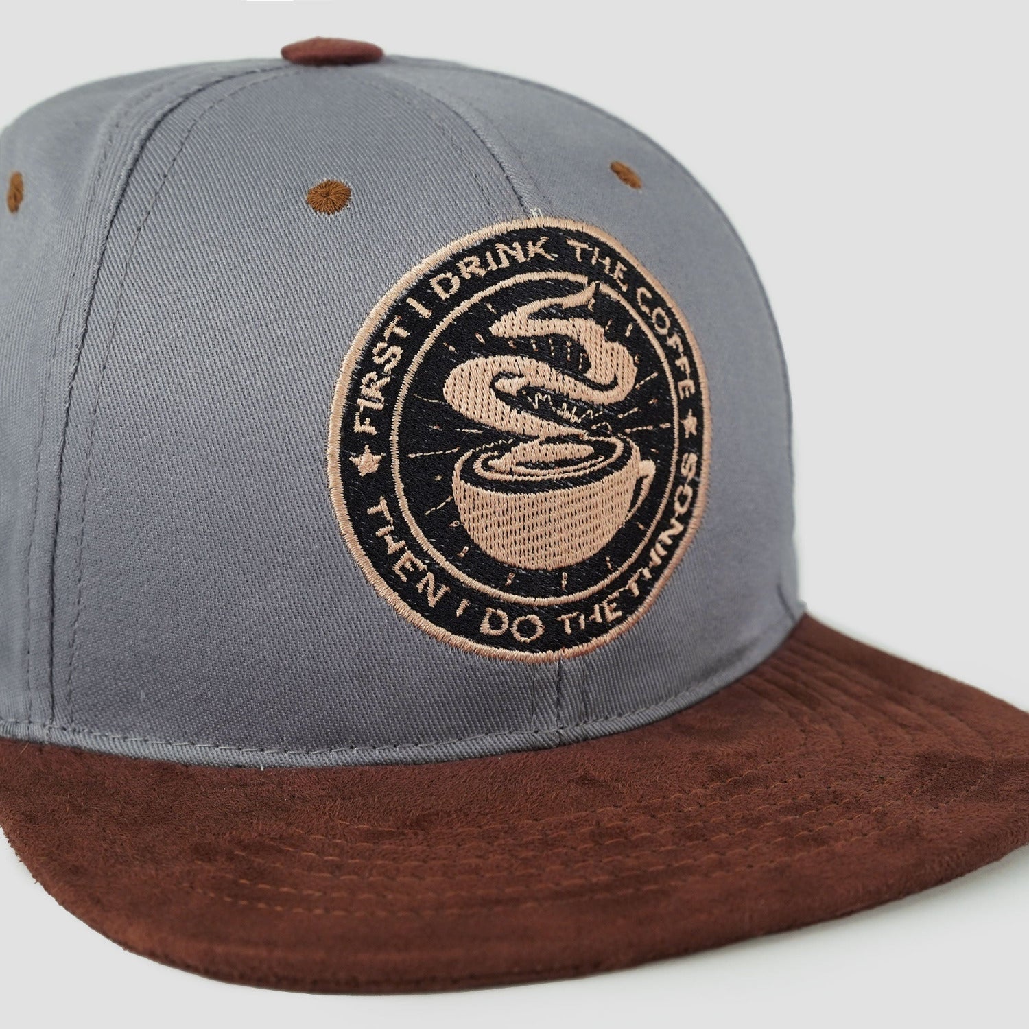 Suede and cotton blend snapback, Coffee Lover message, earthy tones