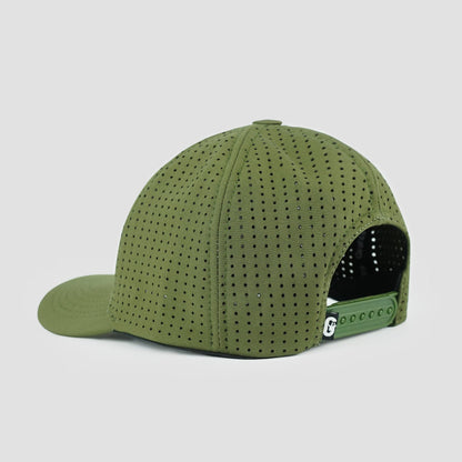 Adventure Awaits cap in olive softshell, breathable and weather-ready