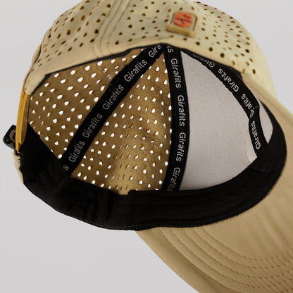 Beige cap with perforated design and black band featuring 'Girafits' branding on a light gray background.