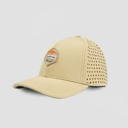 Beige cap with a mesh design and patch on a light gray background