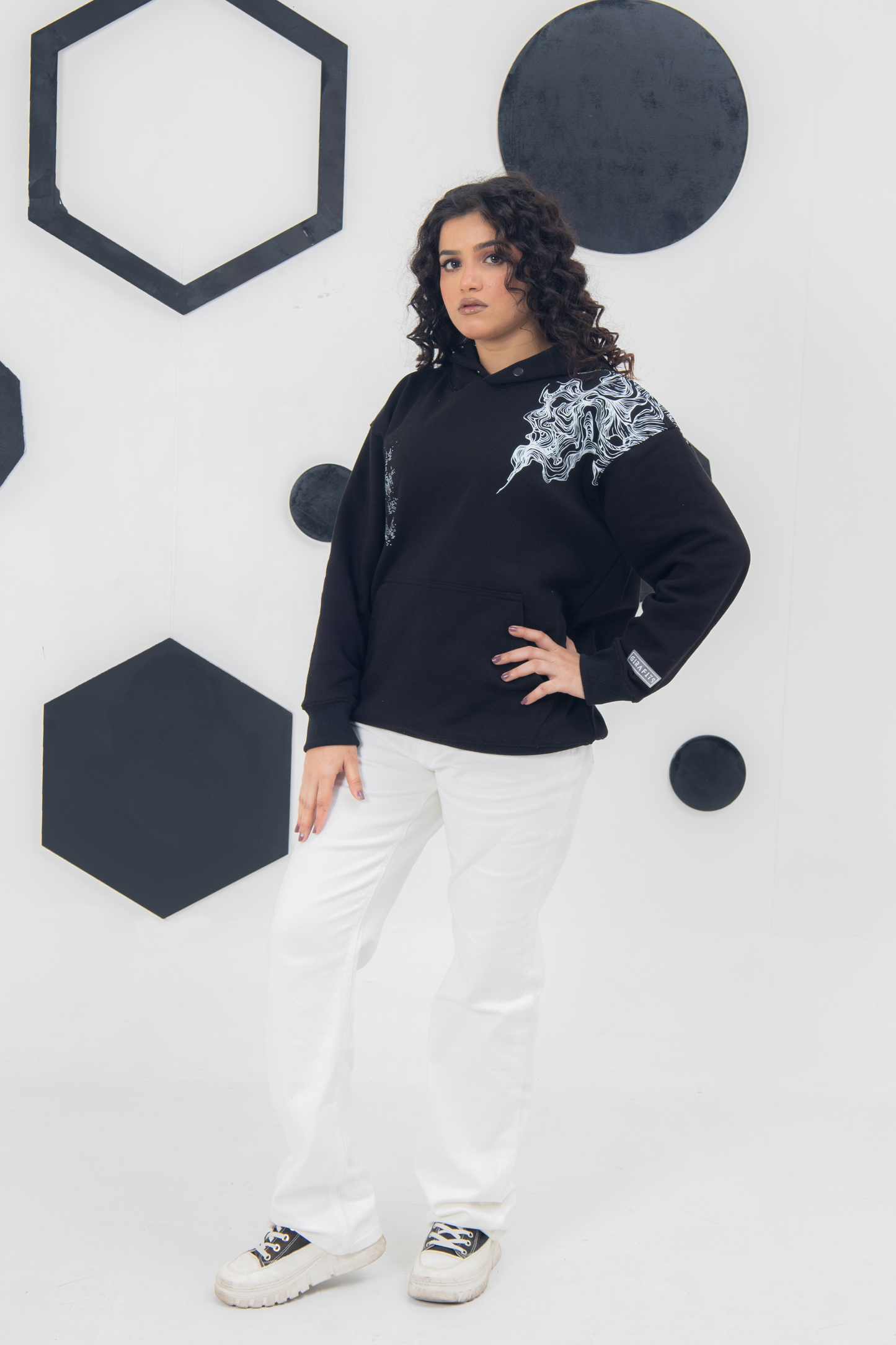 Artistic black hoodie, 320 GSM cotton fleece, oversized and cozy