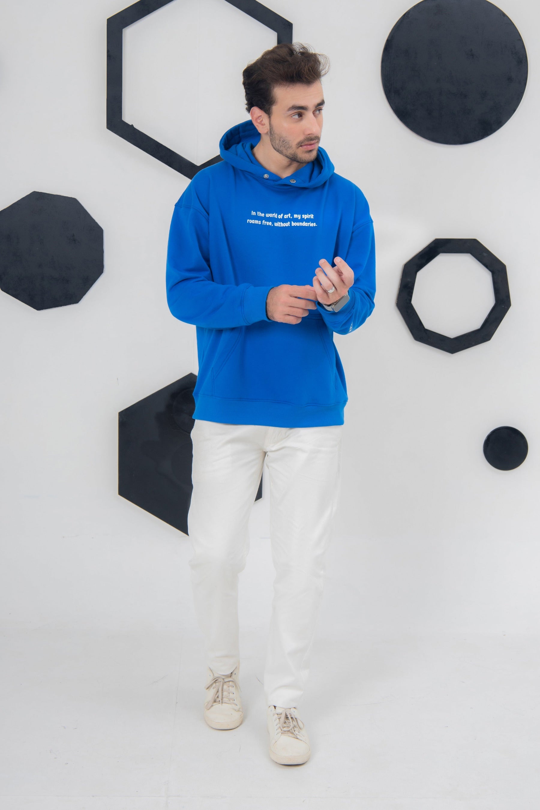 buy hoodies Pakistan. Royal blue oversized hoodie, puff printed art, unisex streetwear