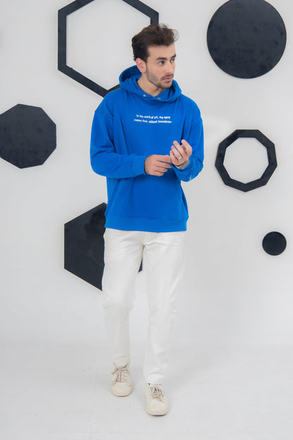 buy hoodies Pakistan. Royal blue oversized hoodie, puff printed art, unisex streetwear