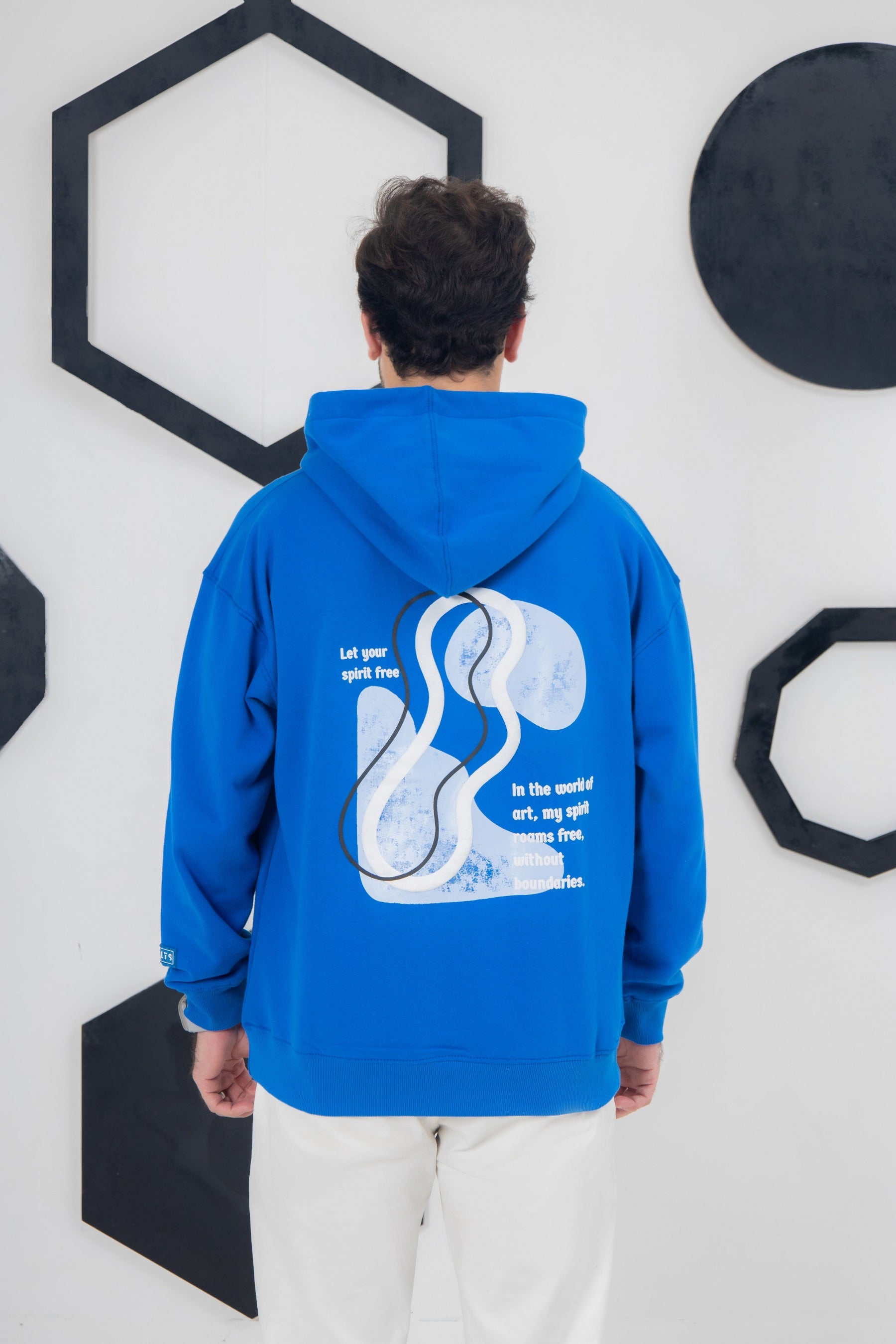 Artistic royal blue hoodie, cotton fleece, Free Spirit print