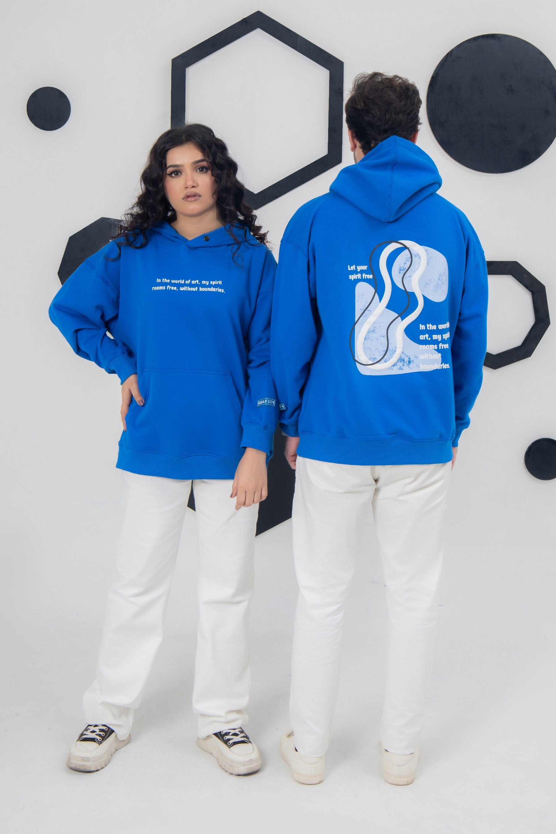 Royal blue hoodie with puff print, cotton fleece, unisex oversized fit