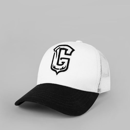 Black and white cap with a logo on a gray background