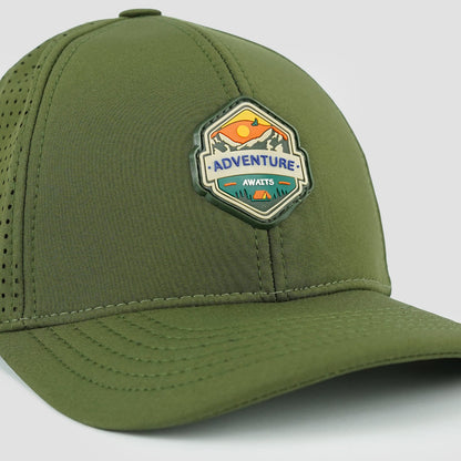 Stretchable olive baseball cap with laser-cut holes, built for adventure