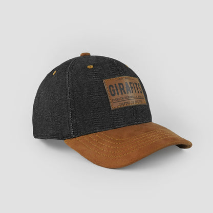 Denim cap with suede visor and leather front patch.
