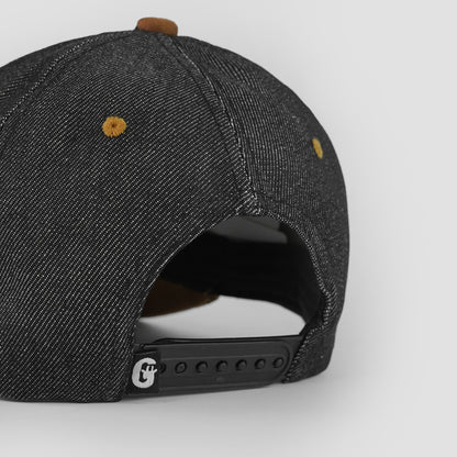 Classic denim cap with leather patch and soft suede visor.
