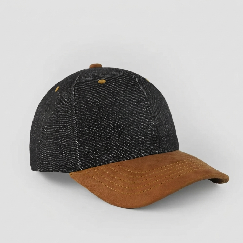 Black denim cap with brown leather brim on a light gray background