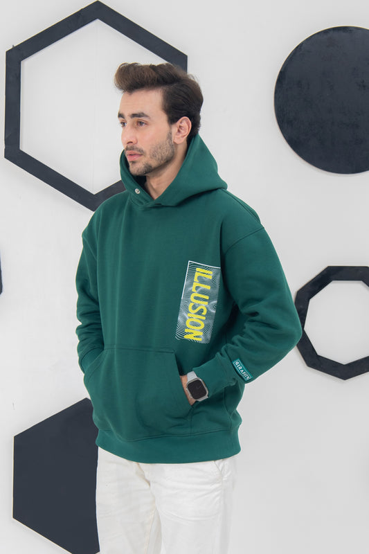 Green oversized hoodie with printed design, 100% cotton fleece, cozy unisex fit
