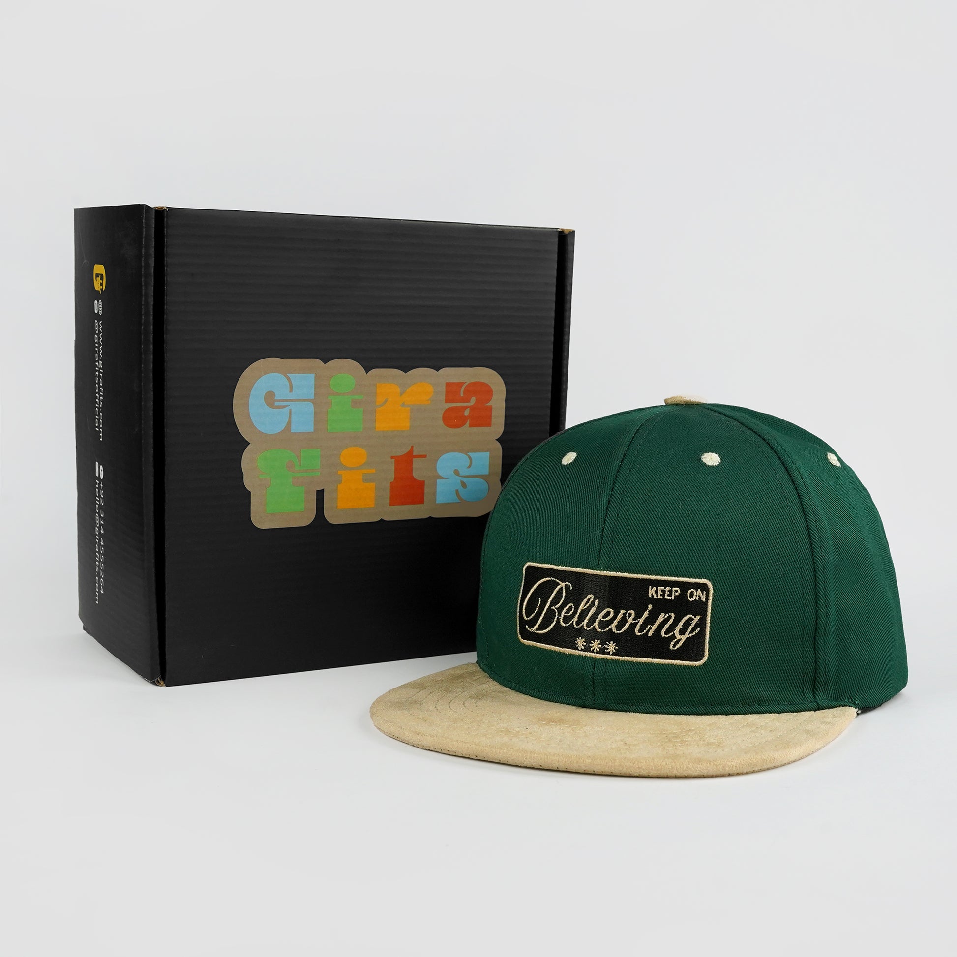 Green and beige snapback with "Keep On Believing" premium embroidery