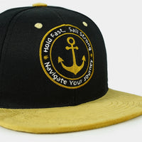 Cotton and suede snapback, "Sail Strong" embroidered, streetwear vibe