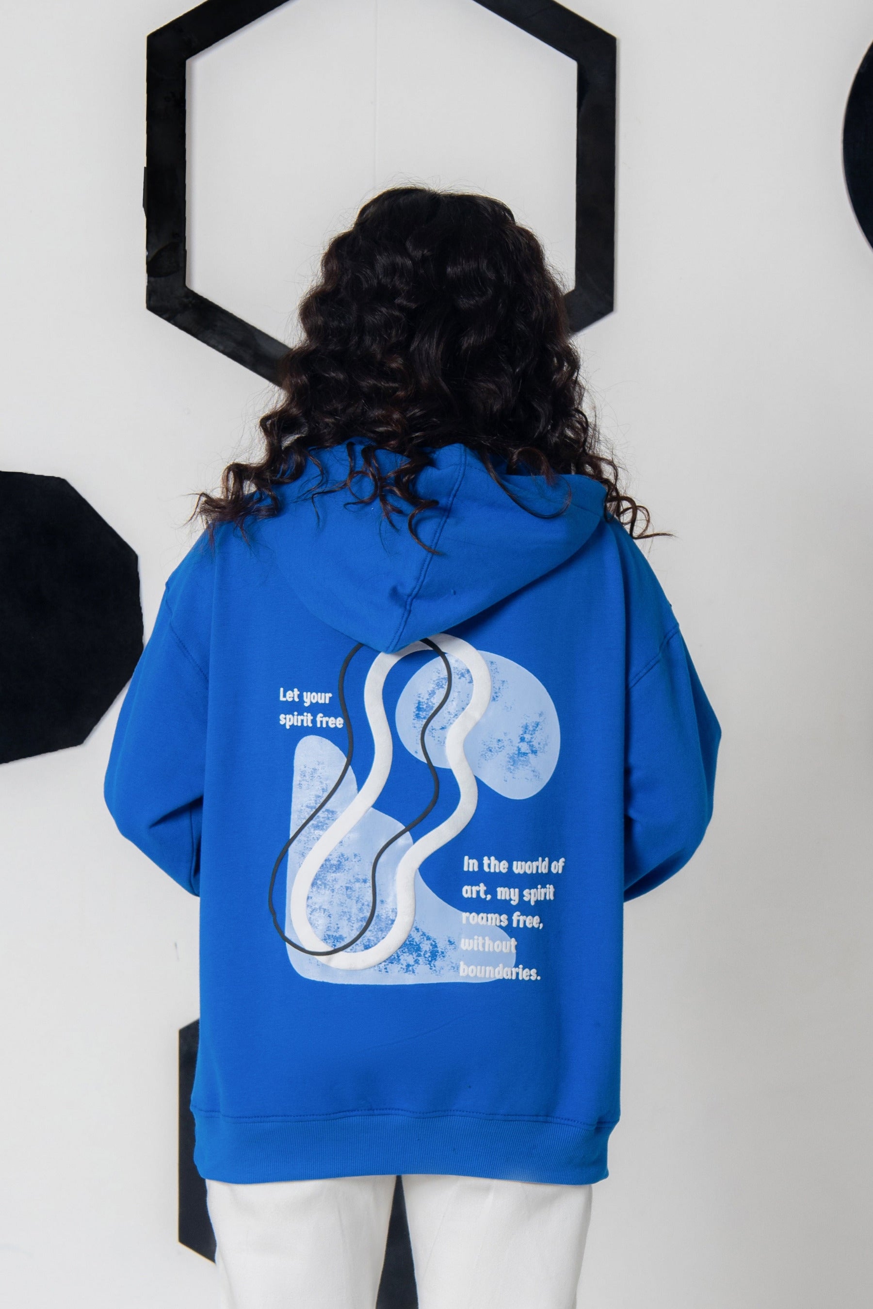 Free Spirit hoodie in royal blue, soft fleece, artistic puff design