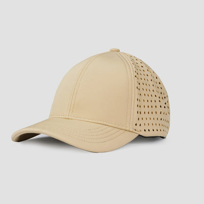 Beige baseball cap with mesh design on a light gray background