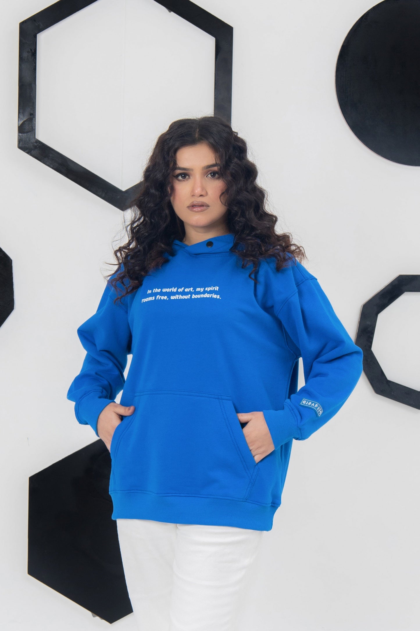 Unisex royal blue hoodie, 300 GSM cotton fleece, bold puff artwork